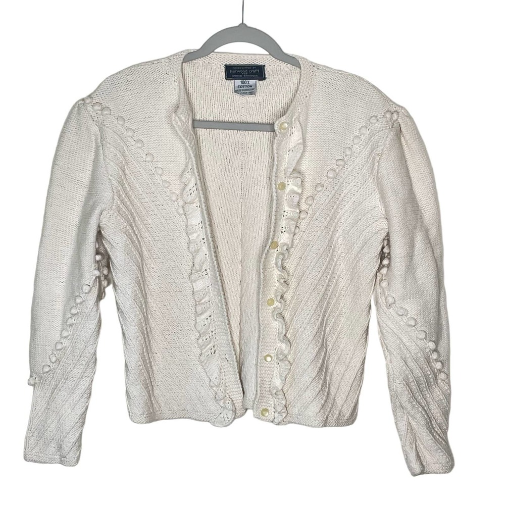 Vintage Harwood Craft United Knitwear Cotton Puff sleeve Cardigan sweater L #NN